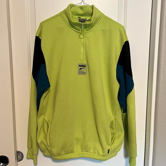 PUMA Rebel Fleece Half-Zip Sharp Green Blue Medium Vintage Outdoor Comfort - Picture 1 of 4